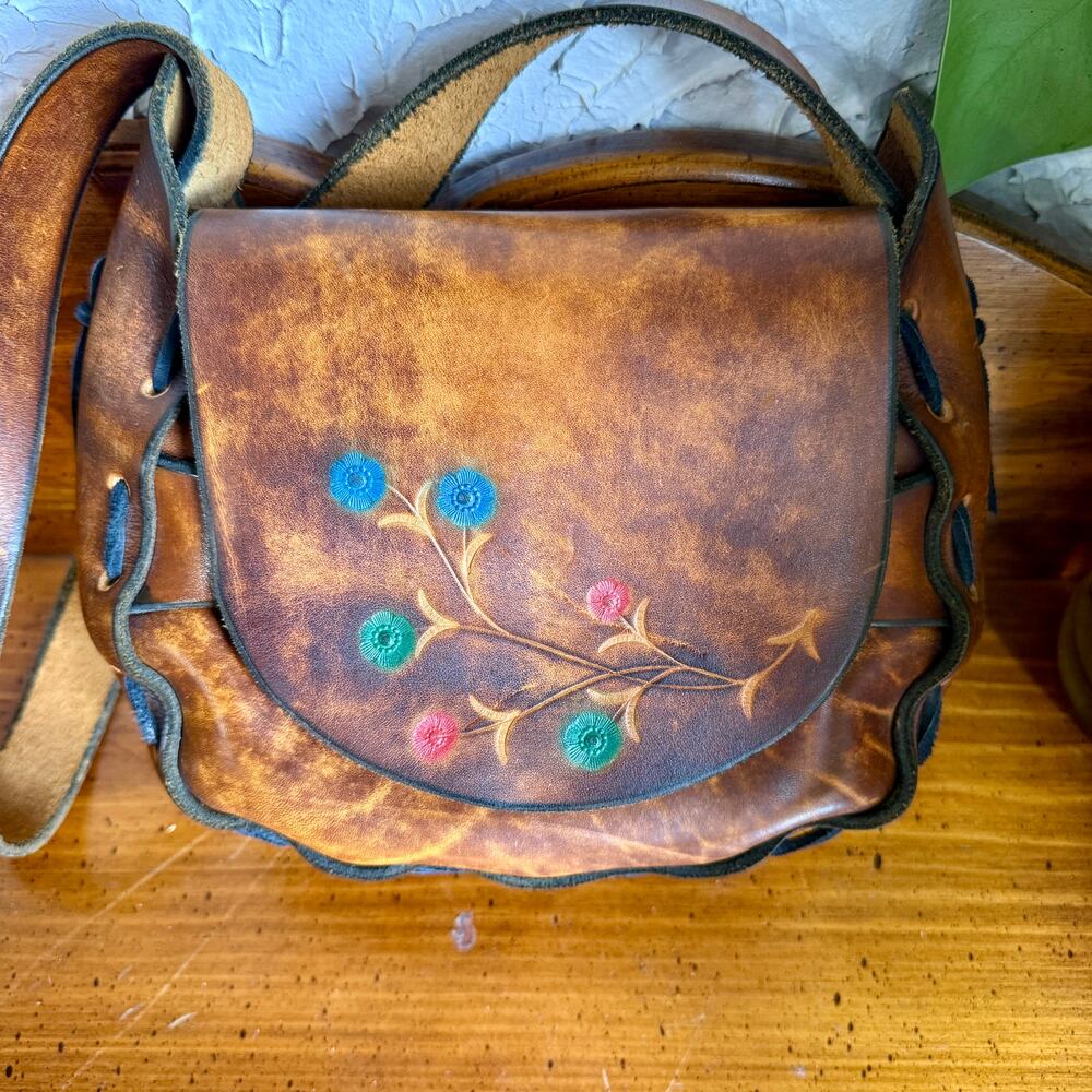 Hand Tooled Leather Crossbody Bag Boho Western Purse | Vintage Style Brown - Picture 2 of 9